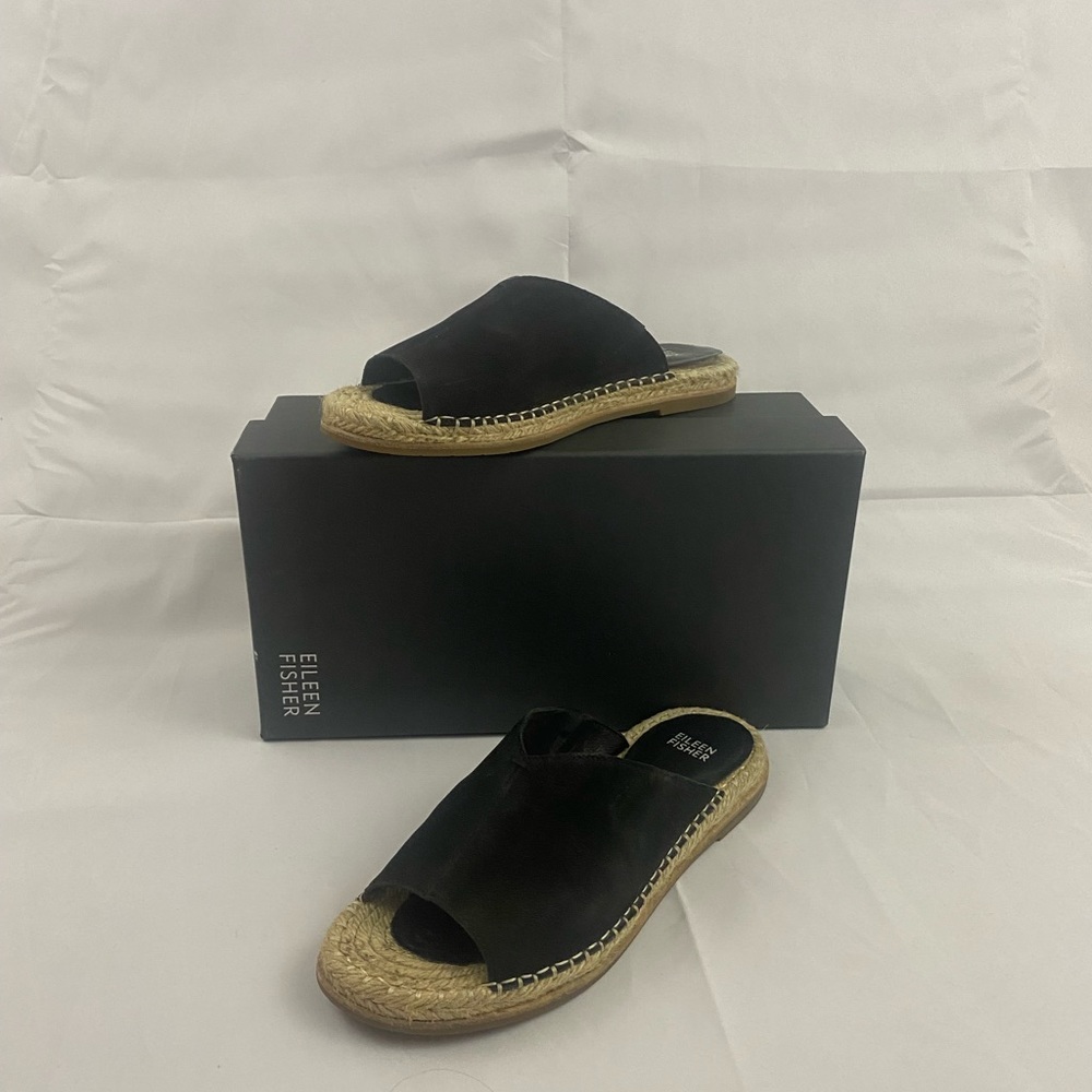 Eileen Fisher Milly Tumbled Nubuck Black Suede Espadrilles Size 8